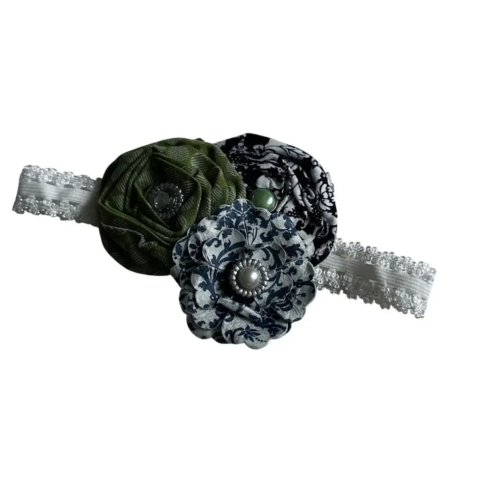Girls Green and Black  Flower Headwrap